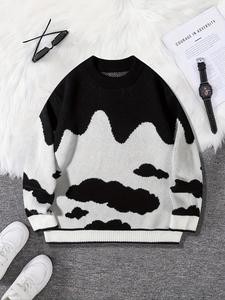 Men's Cloud Print Crew Neck Sweater, Regular Fit Casual Long Sleeve Jumper for Fall & Winter, Fashion Men's Knitwear for Daily Wear, Tops