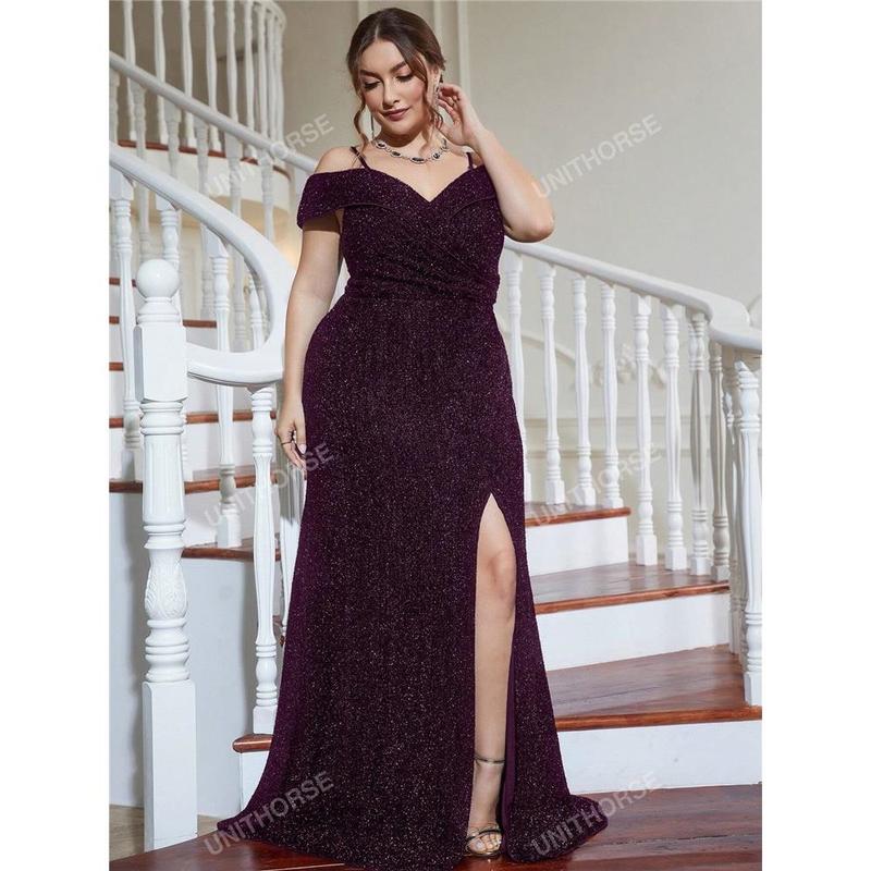 Sequin Thigh Split Shoulder Plus Cold Formal Dress 2