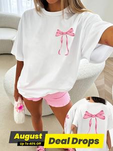 Women's Bowknot Print Round Neck Tee, Casual Chic Short Sleeve Crew Neck T-shirt for Summer, Fashion Women's Top for Daily Wear