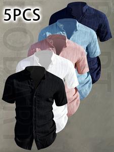 5pcs Men's Summer Short Sleeve Shirt - Lightweight Breathable Plain Solid Color Button-Up Casual Shirt with Stand Collar, Low-cut collar designr Beach Vacation, Pool Party & Casual Attire, Beach Shirt, gift for husband