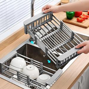 Stainless Steel Kitchen Dish Drying Rack, Retractable Sink Shelf, Dish Drying Basket, Kitchen Storage Organizer, Kitchen Accessories