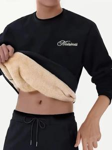 Men's Letter Prin Thermal Lined Sweatshirt, Regular Fit Casual Long Sleeve Crew Neck Pullover for Fall & Winter, Fashion Men's Top for Daily Wear