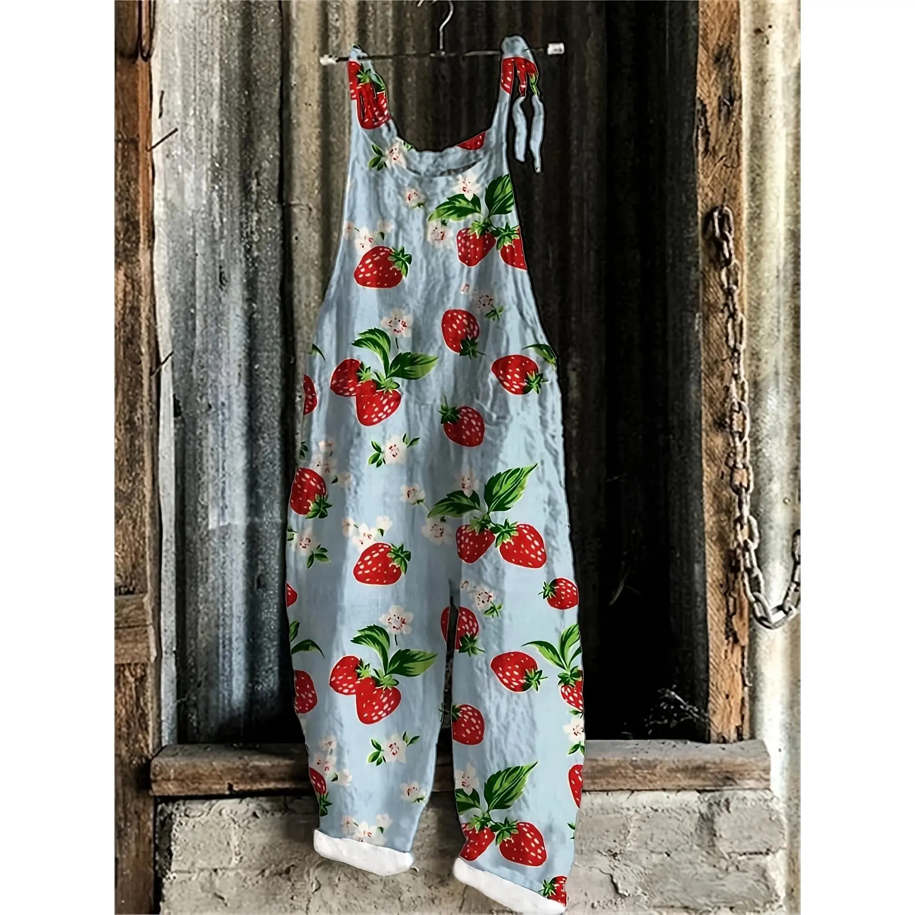 Women's Cute Strawberry Print Overalls, Polyester 95% Elastane 5%, Knit Fabric, Spaghetti Strap with Bow Detail, Fruit & Vegetable Pattern, Spring/Summer/Fall Fashion