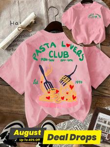 Women's Letter & Pasta Print Round Neck Tee, Casual Short Sleeve Crewneck T-shirt for Summer, Ladies Sleepwear for Daily Wear, Top, Funny Graphic Tees, Womenswear, Streetwear Tshirt, Casual Trendy Tee