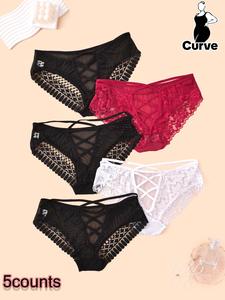 【Plus Size】 Floral Lace Criss Cross Panty, Slim Fit Soft Basic Comfy Breathable Sheer Knicker for Daily Wear, Women's Curvy Underwear for All Seasons, Womenswear, Elegant Underwear, High Waist Underwear, Casual Breathable Knicker, Stretchy Panty