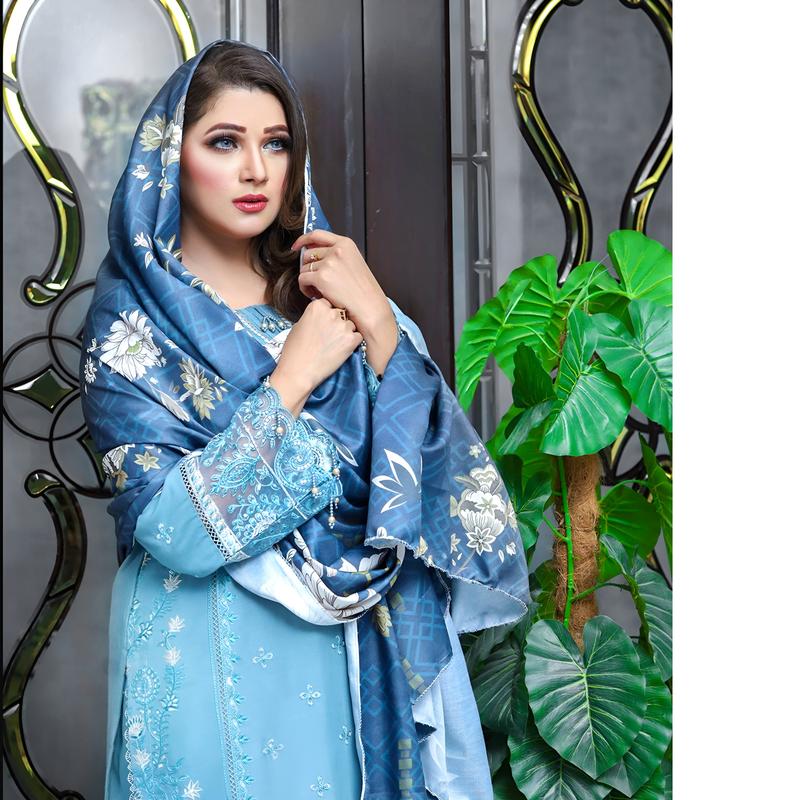 (Jeans Blue) 3 Pc Embroidered Dhanak Dress with wool Shawl | Winter Collection | UB 1