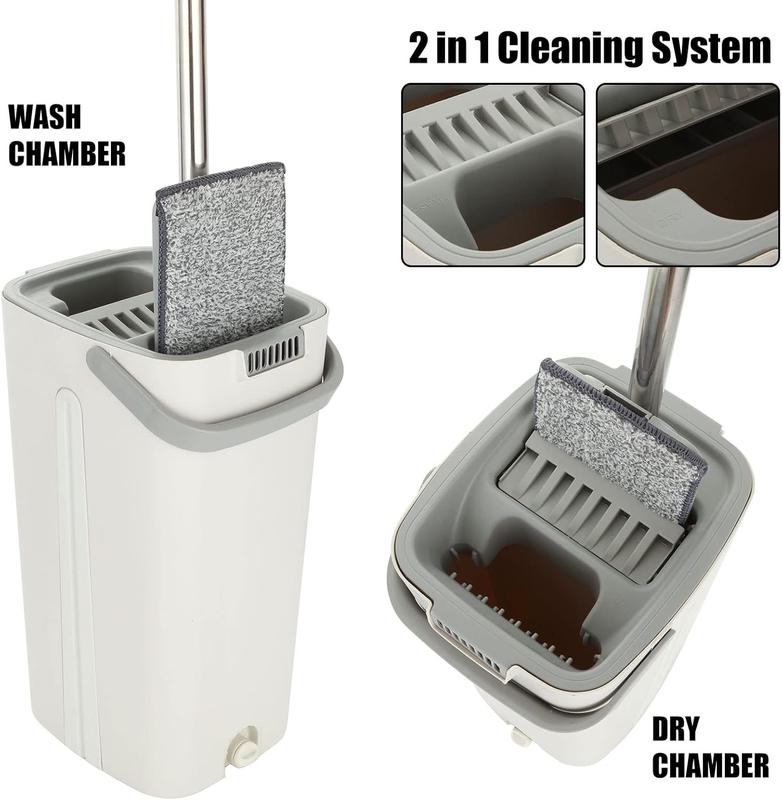 Flat Mop and Bucket set, Hands Free Squeeze Mop with 10 Reusable Microfiber Mop Pads and Stainless Steel 123cm Long Handle, Microfiber Floor Mop for Tiled, Marble, Hardwood Cleaning 3