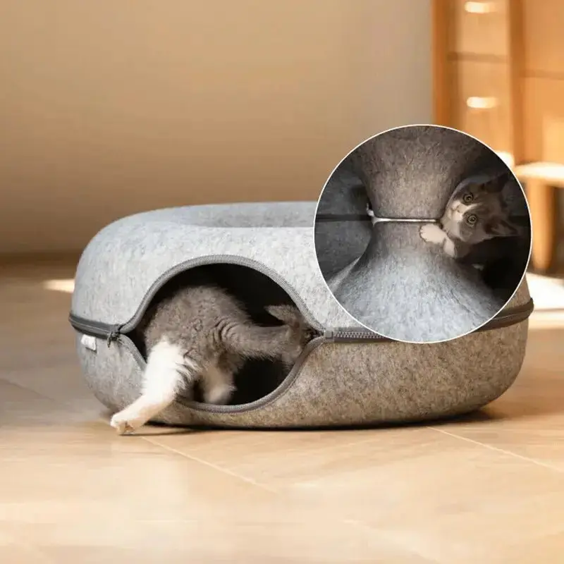 2-in-1 Donut Cat Bed Tunnel Toy – Dual-Use Felt Pet House & Play Tunnel | Scratch-Resistant, Removable & Easy to Clean 5