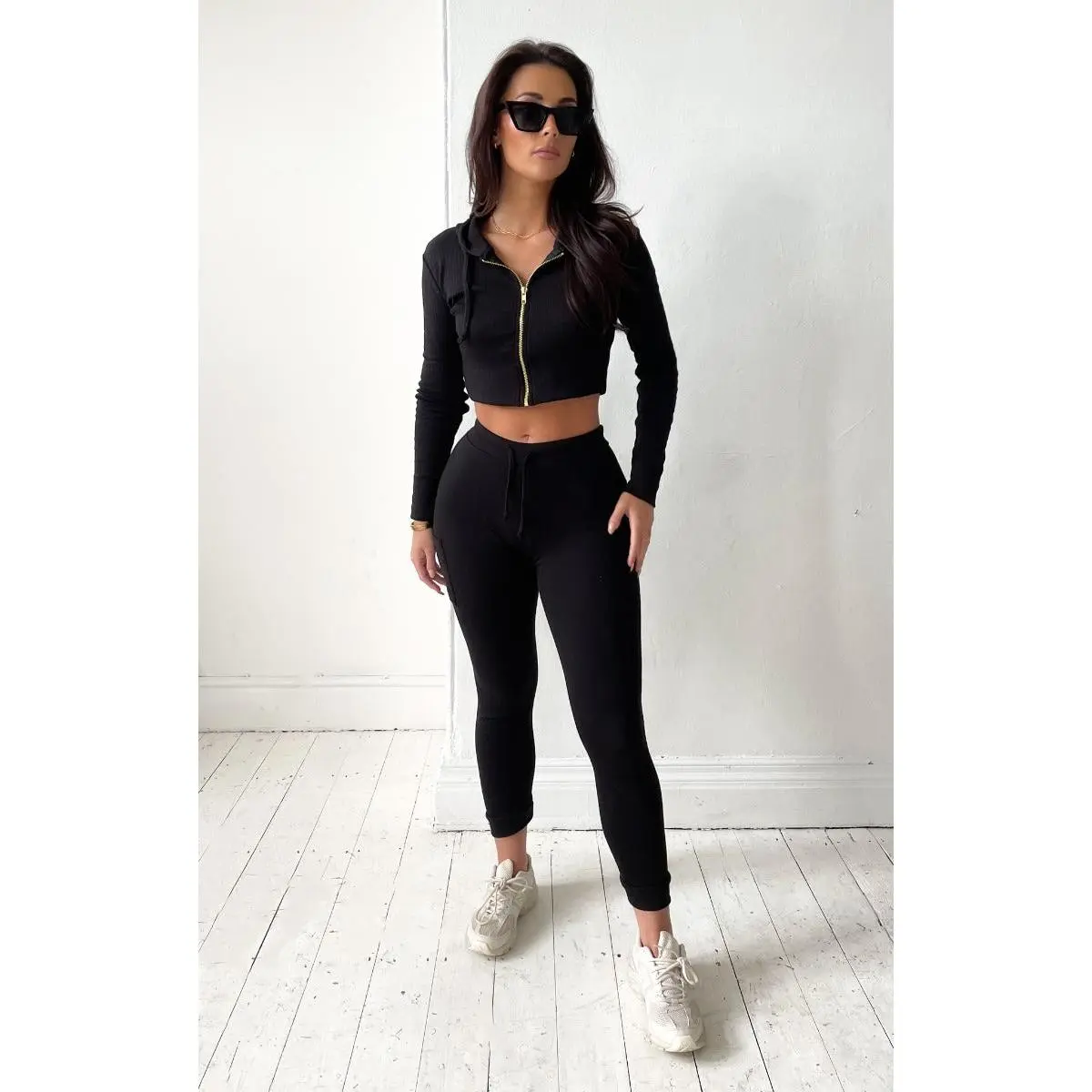 Black Ribbed Zip Front Hoodie & Joggers Two Piece Set - Callie