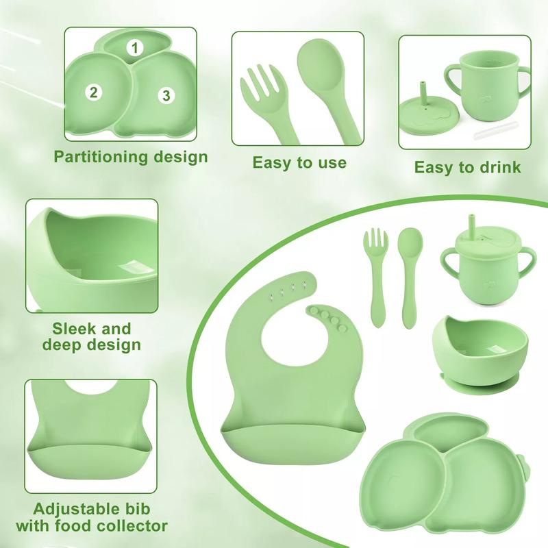 Baby Weaning Feeding Set Silicone Supplies with Plate Bowl Bib Spoon Fork Cup 5