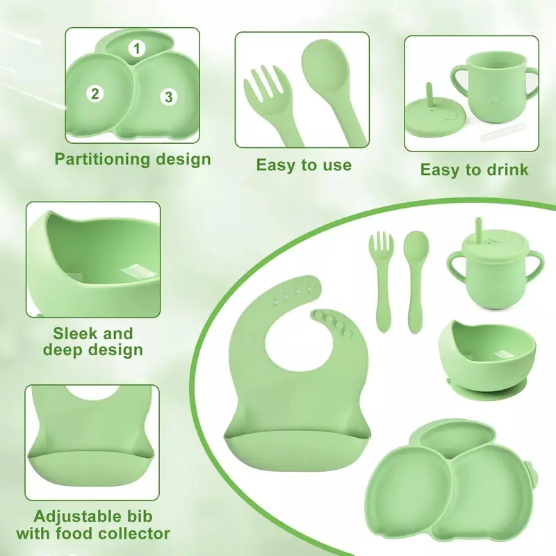 Baby Weaning Feeding Set Silicone Supplies with Plate Bowl Bib Spoon Fork Cup 5