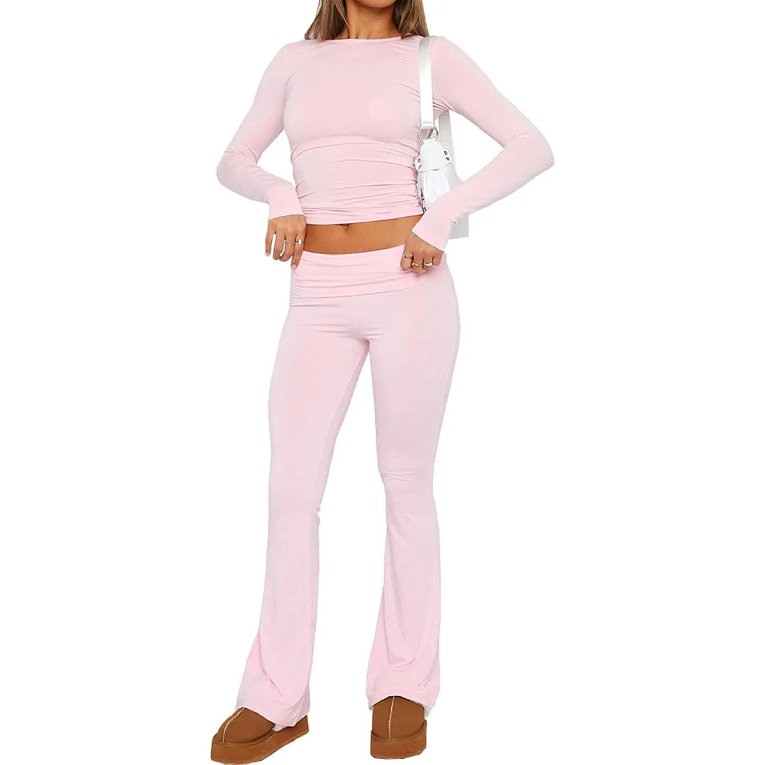 Women Two Piece Outfits Long Sleeve Crop Top T-shirt + Fold Over Waist Flared Long Pants Sweat Suit Tracksuit Yoga Set