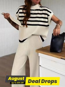Women's Striped Print Batwing Sleeve Knit Fabric Top & Wide Leg Pants Sweater Co-ord Set, Elegant Mock Neck Lightweight Knitted Top & High Waist Trousers, Two Piece Set Women, Casual Matching Women's Summer Outfits, Womenswear, Clothes