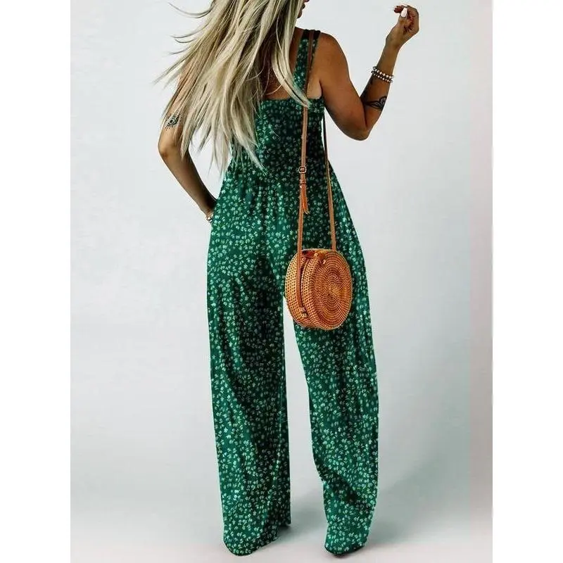 Women's Ditsy Floral Print Ruched Shirred Pocket Wide Leg Cami Jumpsuit, Boho Fashion Square Neck Sleeveless Jumpsuit for Daily Holiday Vacation Wear, Jumpsuits for Women, Ladies Clothes for Summer 1