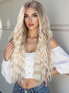 28 Inch Long Wavy Wigs for Women, Gorgeous Fluffy Wigs without Bangs, Synthetic Lace Front Wigs for Party, Daily Use