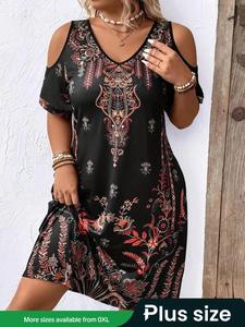 【Plus Size】 Floral Print Cold Shoulder Dress, Classy Boho Fashion Classy Casual Short Sleeve Dress for Daily Holiday Vacation Wear, Women Plus Clothing for Summer, Sundresses, Dresses Going Out, Womenswear, Gowns, Boho Printed Dress