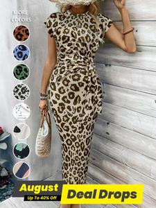 Women's Leopard Print Knot Bodycon Dress, Elegant Fit Butterfly Sleeve Round Neck Long Dress for Party Holiday Wedding Guest, Ladies Summer Clothes, Elegant Dress Women