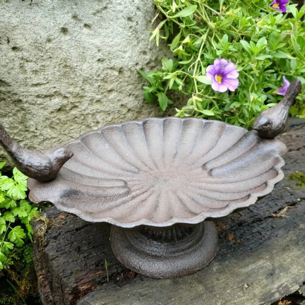Cast Iron Duo Bird Bath | Outdoor Garden Metal Bird Feeder Freestanding Robin