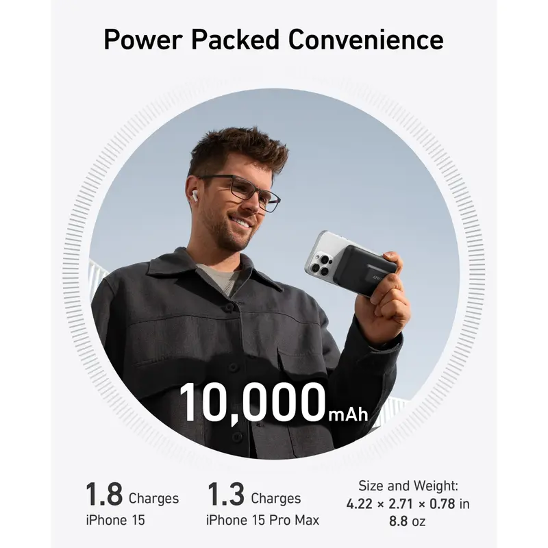 Anker MagGo Power Bank, Qi2 Certified 15W Fast MagSafe Compatible Mobile Charger, 10,000mAh Battery, Smart Display & Foldable Stand, for iPhone 15/14/13/12, Includes USB-C Cable 3
