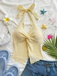 Women's Solid Color Halter Neck Top, Casual Sleeveless Top for Summer, Fashion Women's Clothes for Beach Holiday Vacation