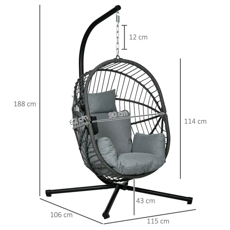 Outsunny Metal Stand Hanging Egg Chair, with Full Body Padded Seat - Grey 2