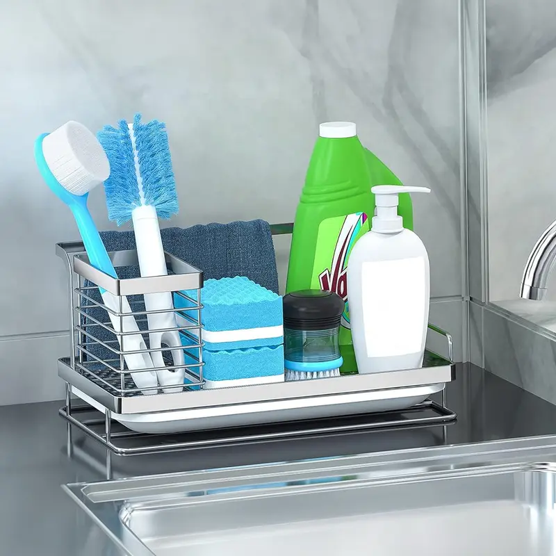 Lushhub Kitchen Silver/Black Steel Sink Organizer – Space-Saving Caddy with Drain Tray for Brushes, Sponges & Dispensers 0