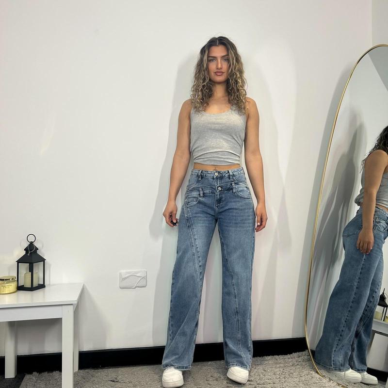 [HouseOfTrendz] RILEY Double Layered Wide Leg Jeans - High Waisted, Baggy, Denim, Double Belt, Double Layer, Pocket Detail, Street wear, Comfortable, Jeans, Womens Casual Cotton Fabric 5