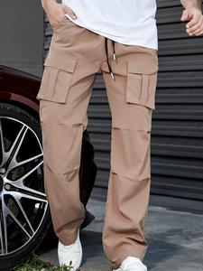 Men's Thin Plain Flap Pocket Drawstring Elastic Waist Cargo Pants, Loose Straight Leg Trousers for Men, Men's Trousers for Spring & Fall
