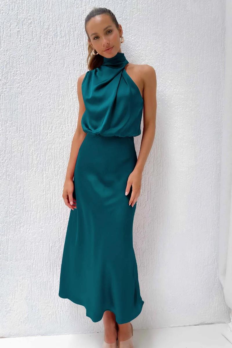 Product Introduction of 2025 Spring/Summer Long Dress for Women High Waist Halter Satin Sleeveless Dress Fashion Elegant Solid Evening Party Dresses 21