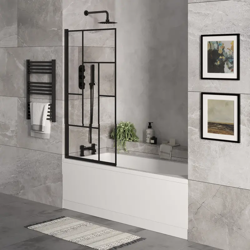 Round Single Ended Bath, Front Panel, Black Abstract Screen, Chrome Waste -1700x700mm 2