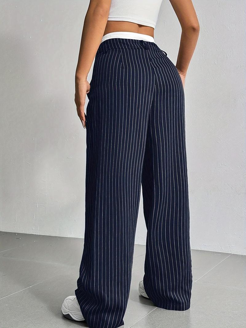 Product Introduction of Women's High-Waist Striped Wide-Leg Blazer Pants - Navy Blue & White Vertical Stripes, Polyester, Casual Style, Machine Washable, Spring/Summer/Fall Wear, Versatile Legwear | Wideleg Design | Glossy Texture, Wide Leg Pants 24