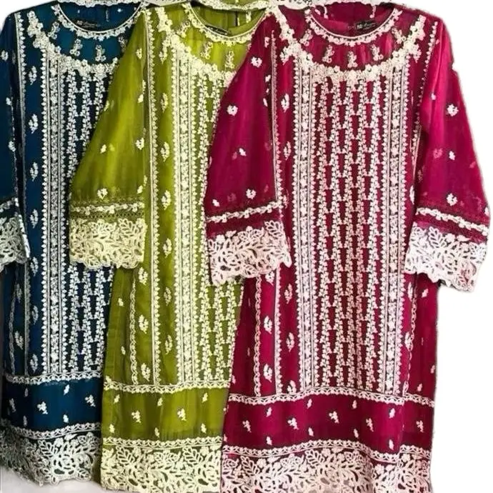 Azure inspired Three-Piece Full Heavy Embroidered Chiffon Suit with Silk Bottoms Clothes