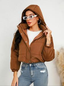 Women's Solid Button Front Zip Up Hooded Winter Coat, Casual Long Sleeve Outerwear for Fall & Winter, Women's Clothing for Daily Wear