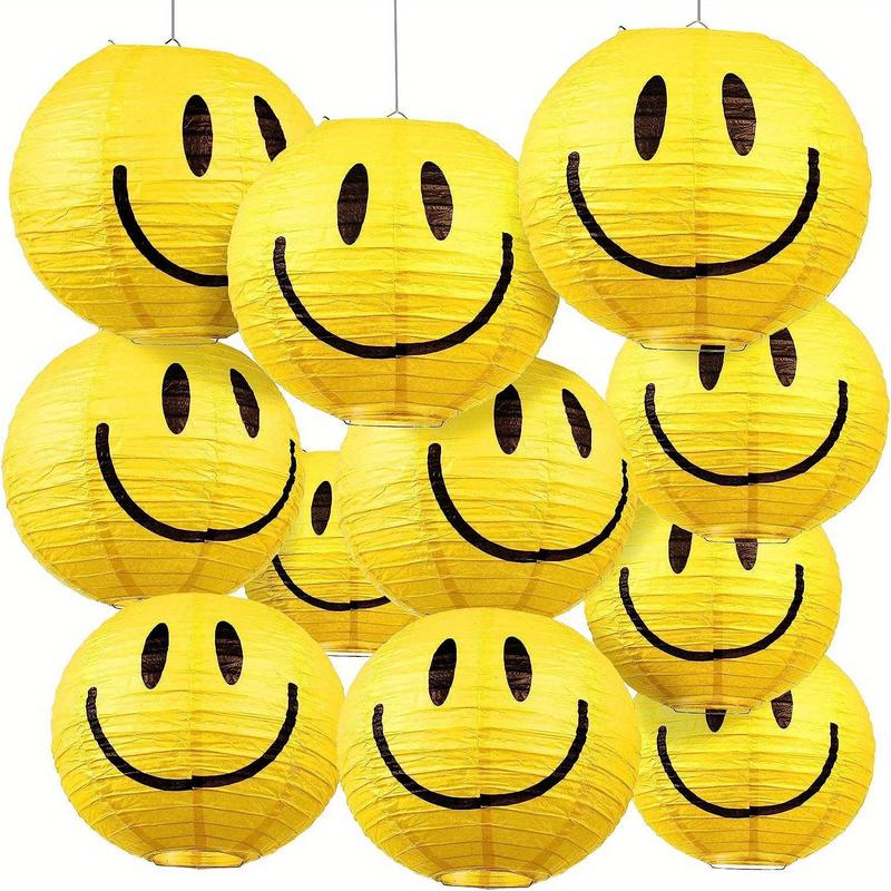 Product Introduction of 3-Pack Happy Face Paper Lanterns for Parties and Birthdays - Yellow Round Hanging Decoration Props for Photography, No Electricity Needed, Durable Craft Material 0
