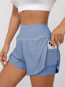 Women's 2 in 1 Solid Color Pocket Sports Shorts, Casual Comfy Breathable Skinny Shorts for Yoga Gym Workout Running, Ladies Sportswear for Spring & Fall, Athletic Shorts