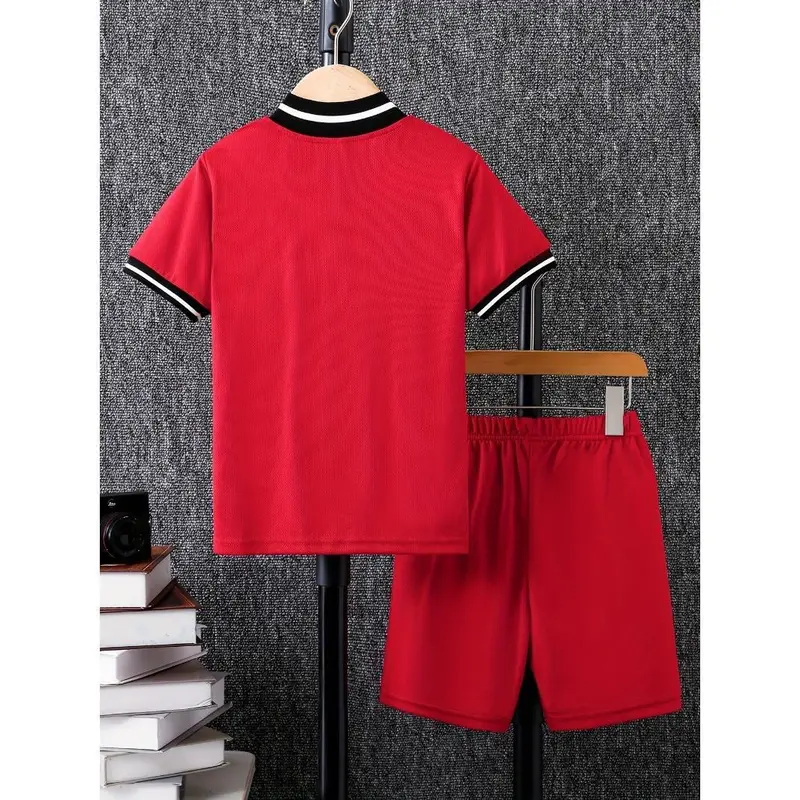 [Playtime Apparel] Boys' Dreamy Dresses Summer Baseball Jersey & Shorts Set - Red with Black Lettering, Casual Polyester Outfit with Elastic Waistband, Perfect for Playtime, Perfect for Outdoor 1