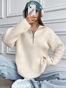 Women's Plain Half Zip Drop Shoulder Sweater, Casual Long Sleeve Collared Jumper for Fall & Winter, Fashion Ladies' Knitwear for Daily Wear