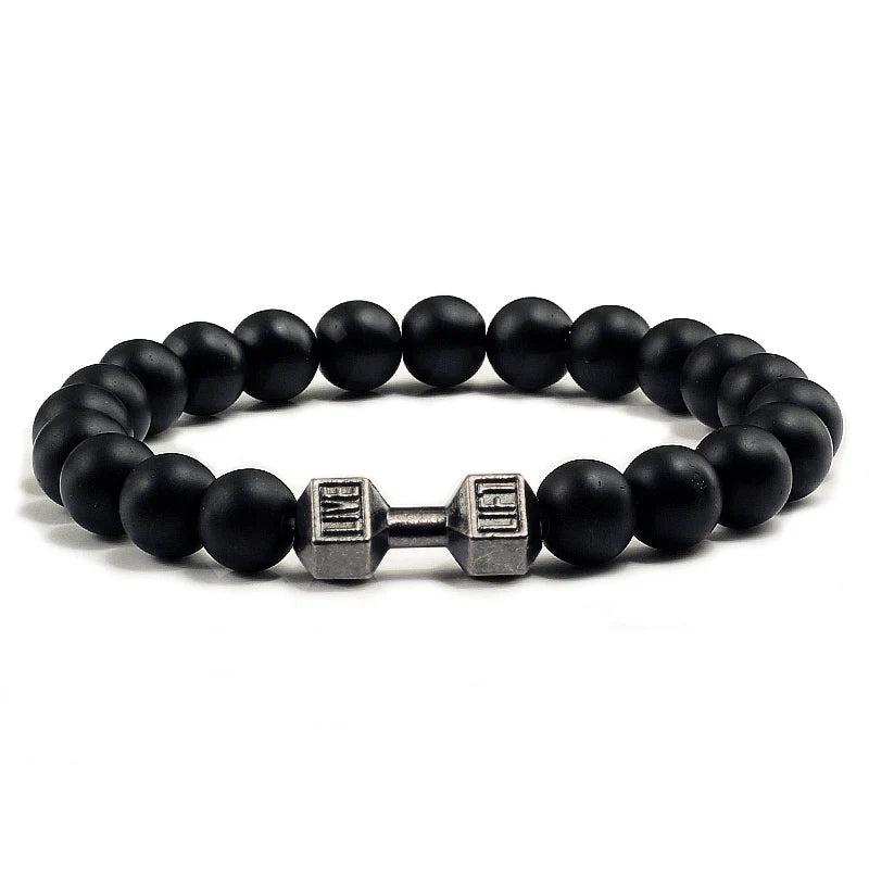 Natural Volcanic Stone Bracelet Men Matte Black Lave White Beads Charm Dumbbell Strand Bracelets Women Barbell Fitness Jewelry 2