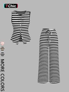 2 Piece Crew Neck Sleeveless Black & White Striped Vest + Wide Leg Pants Fashion Casual Slim Fit Set