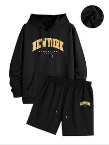Men's Letter Print Hoodie & Drawstring Waist Shorts Two-piece Set, Casual Loose Long Sleeve Hooded Sweatshirt & Track Shorts, Men's Summer Clothes, Fall outfit