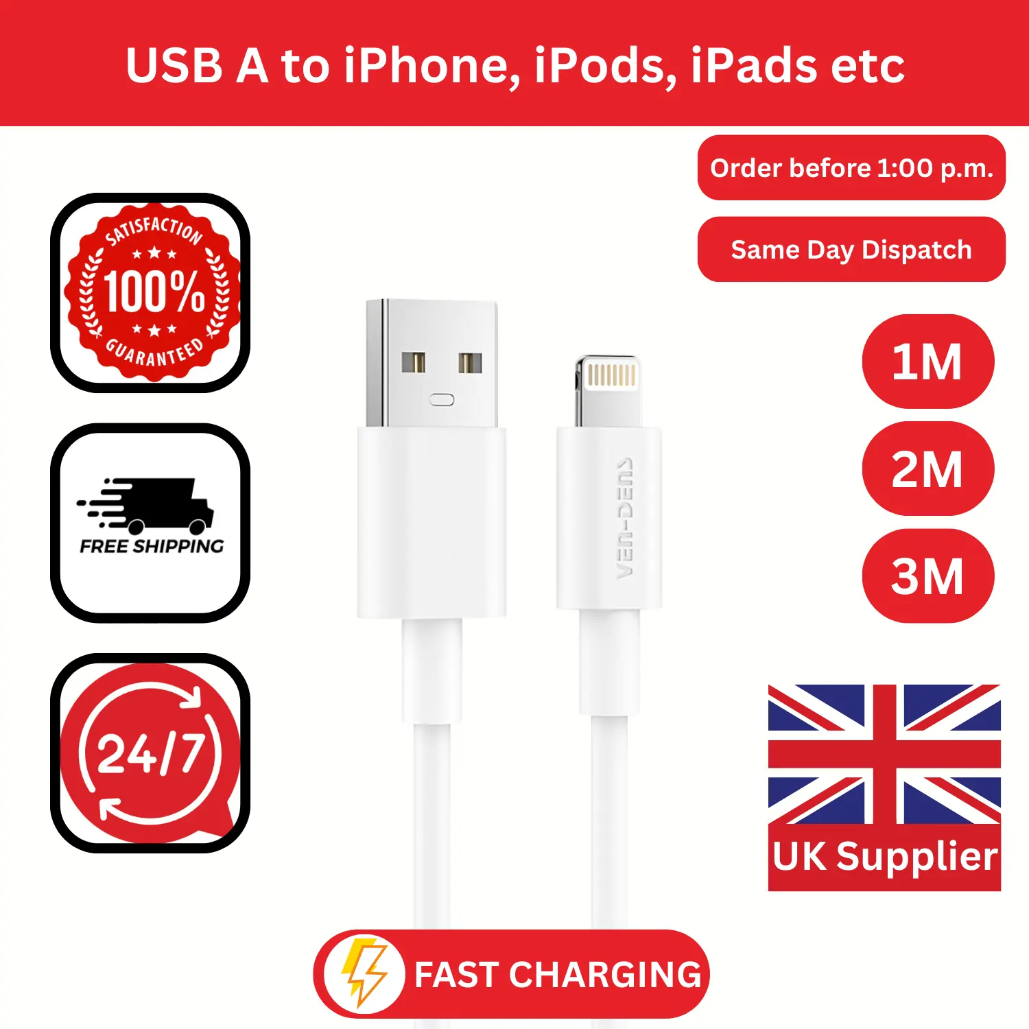 USB to Lightning Charging Cable - 5V 2.4A Fast Charging & Data Sync Lead | 1M 2M 3M