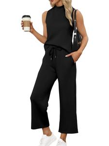 Women's Solid Ribbed Crop Tank Top & Wide Leg Pants Loungewear Two-piece Set, Casual Basic Minimalist Comfy Sleeveless Top & Trousers Pj Set, Ladies Sleepwear for All Seasons, Pajamas, Womenswear