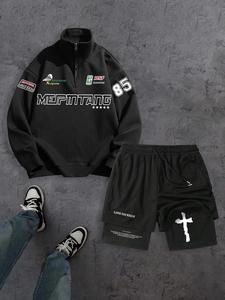 Men's Letter Print Zip Up Sweatshirt & 2-in-1 Track Shorts Two-piece Set, Casual Loose Long Sleeve Pullover & Shorts for Spring & Fall, Men's Clothes for Daily Wear