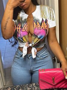 Women's Letter & Leopard Print Tassel Tie Front Split Hem Tee, Casual Short Sleeve Crop T-Shirt for Summer, Ladies Clothes for Daily Wear, Top