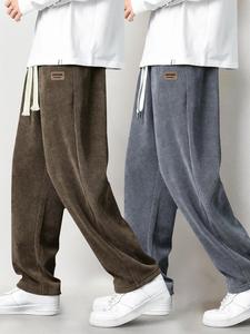 Men's Letter Patched Drawstring Waist Corduroy Pants, Casual Comfy Straight Leg Trousers for Fall & Winter, Men's Bottoms for Daily Wear