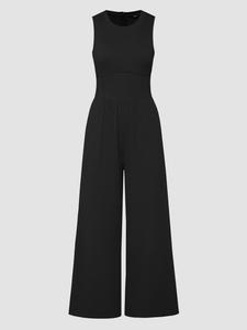 Women's Plain Tummy Control Wide Leg Jumpsuit, Elegant Round Neck Sleeveless Jumpsuit, Summer Outfits 2024, Summer Clothes Women