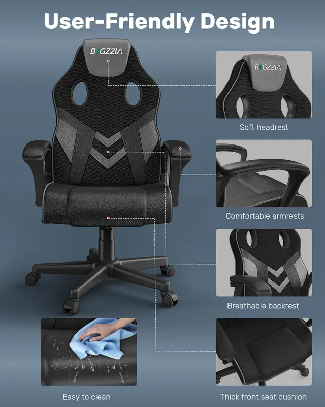 Gaming Chair, Office Desk Computer Chairs, Height Adjustable Reclining Video Game Seat with Headrest and Lumbar Support (Grey) 2