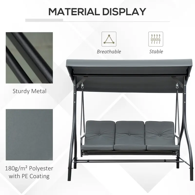 3 Seater Canopy Swing Chair, 2 in 1 Garden Swing Seat Bed, with Adjustable Canopy and Metal Frame, Dark Grey 7