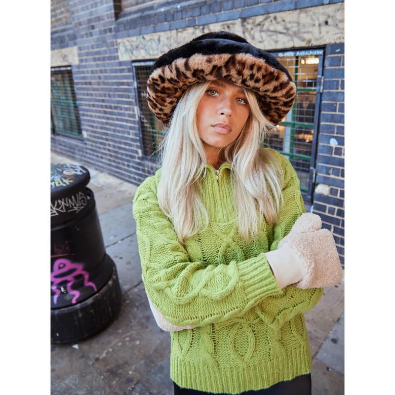Oversized Fur Plush Bucket Winter Hat in Black and Leopard 1