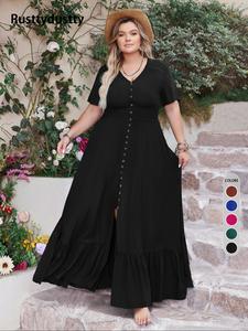 Plus Size Solid Fake Buttons Hollow Out A Line Dress, Boho Ruffle Hem  V Neck  Dress for Beach Holiday Vacation, Women's Clothes for All Seasons